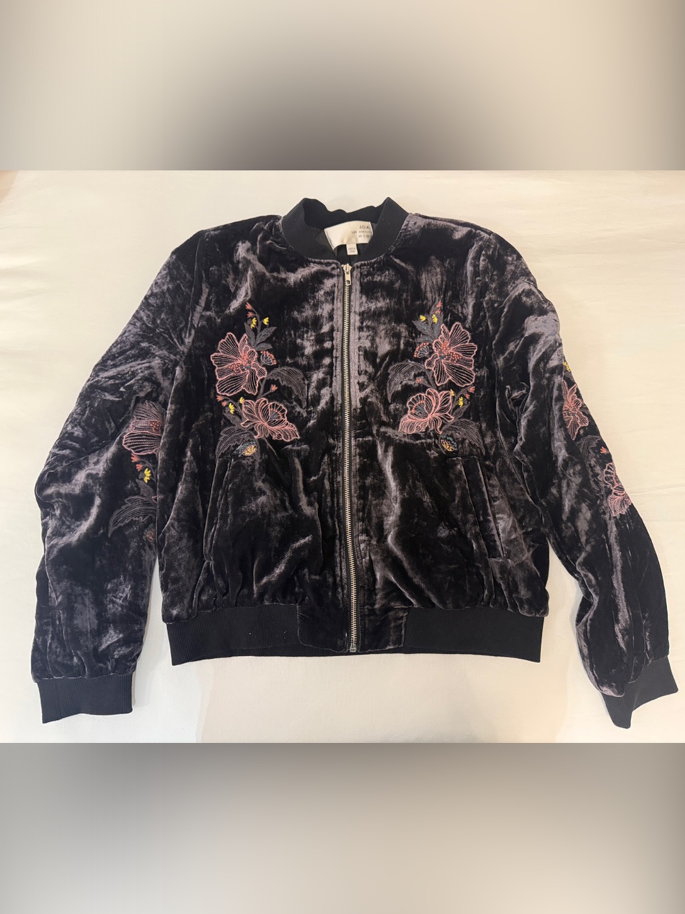 J.O.A. Black Velvet Bomber Jacket with Pink Floral Embroidery